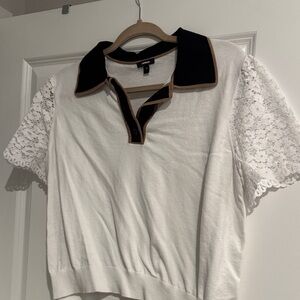 Express Ivory Blouse with Lace Sleeves and Black Trim